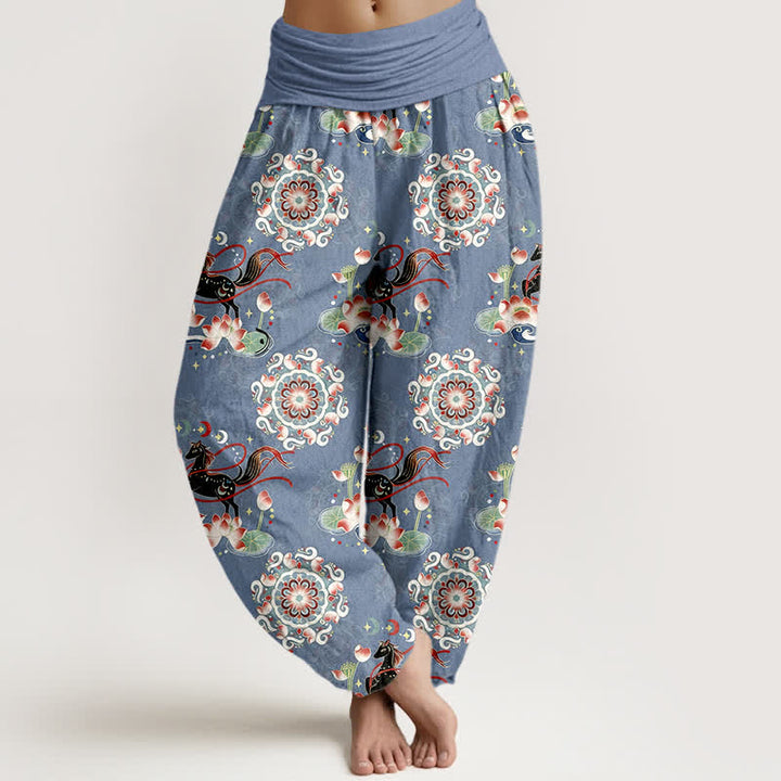 Buddha Stones Pantalon harem à taille élastique pour femme, en pur coton, à motifs de chevaux, de lotus et de mandalas - SteelBlue - US16，UK/AU20，EU48 (3XL) - image 0