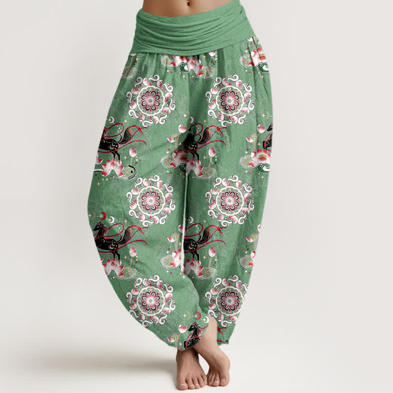 Buddha Stones Pantalon harem à taille élastique pour femme, en pur coton, à motifs de chevaux, de lotus et de mandalas - Vert mer moyen - US16，UK/AU20，EU48 (3XL) - image 5