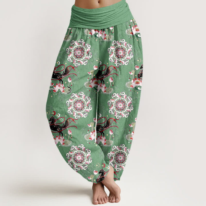 Buddha Stones Pantalon harem à taille élastique pour femme, en pur coton, à motifs de chevaux, de lotus et de mandalas - Vert mer moyen - US16，UK/AU20，EU48 (3XL) - image 5