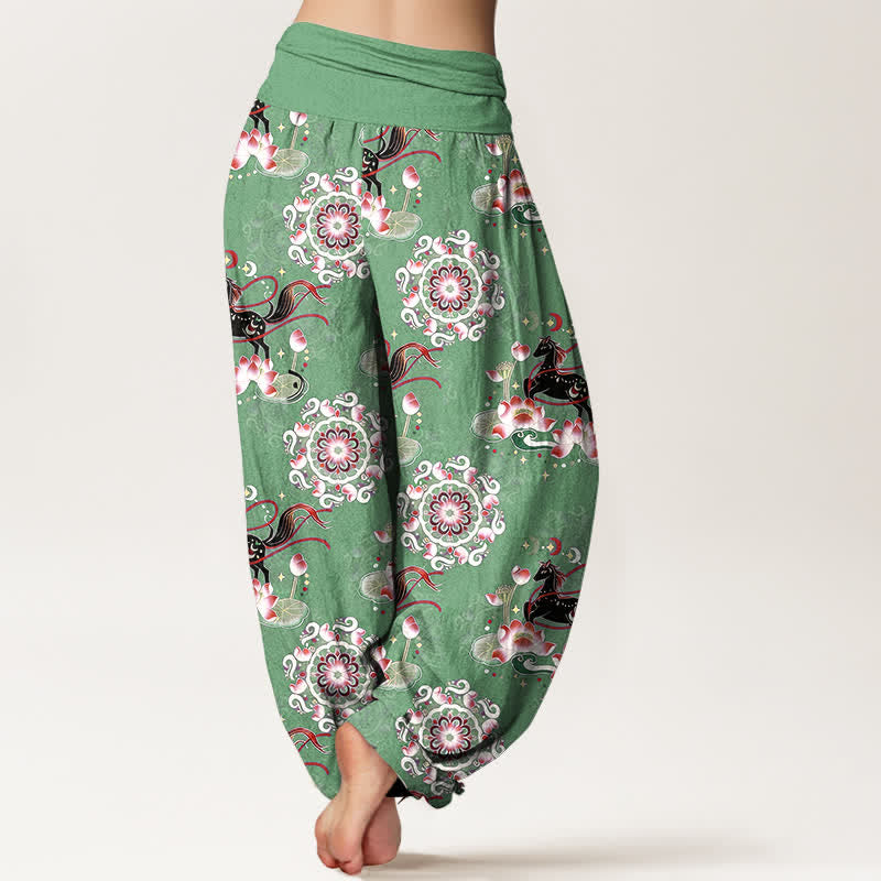 Buddha Stones Pantalon harem à taille élastique pour femme, en pur coton, à motifs de chevaux, de lotus et de mandalas - image 6