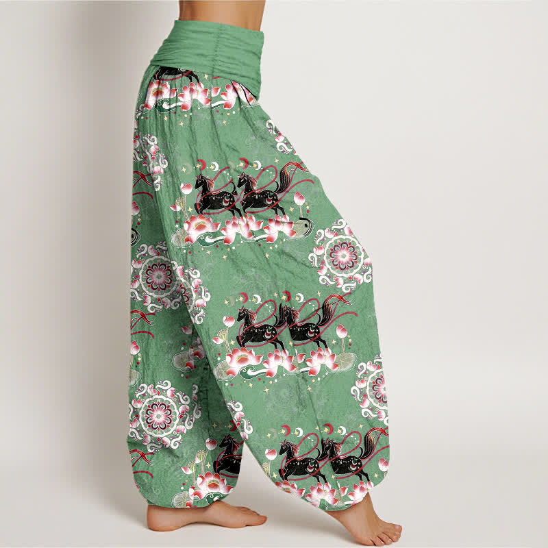 Buddha Stones Pantalon harem à taille élastique pour femme, en pur coton, à motifs de chevaux, de lotus et de mandalas - image 7