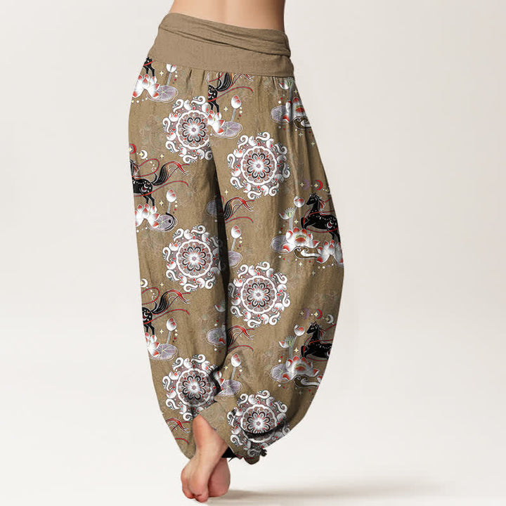 Buddha Stones Pantalon harem à taille élastique pour femme, en pur coton, à motifs de chevaux, de lotus et de mandalas - image 9