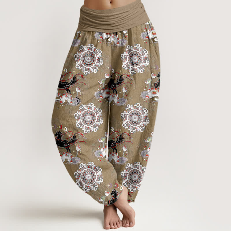 Buddha Stones Pantalon harem à taille élastique pour femme, en pur coton, à motifs de chevaux, de lotus et de mandalas - Tanné - US16，UK/AU20，EU48 (3XL) - image 8
