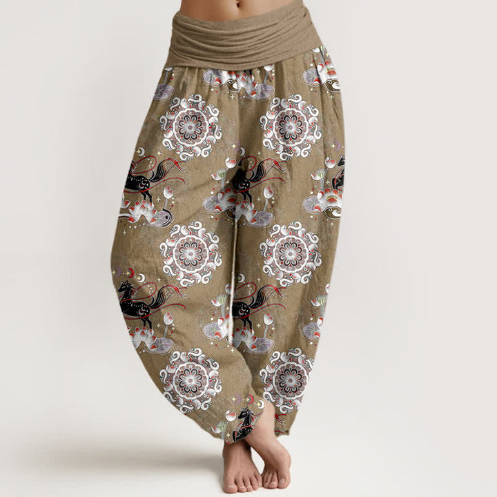 Buddha Stones Pantalon harem à taille élastique pour femme, en pur coton, à motifs de chevaux, de lotus et de mandalas - Tanné - US16，UK/AU20，EU48 (3XL) - image 8