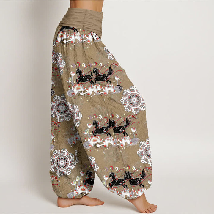 Buddha Stones Pantalon harem à taille élastique pour femme, en pur coton, à motifs de chevaux, de lotus et de mandalas - image 10