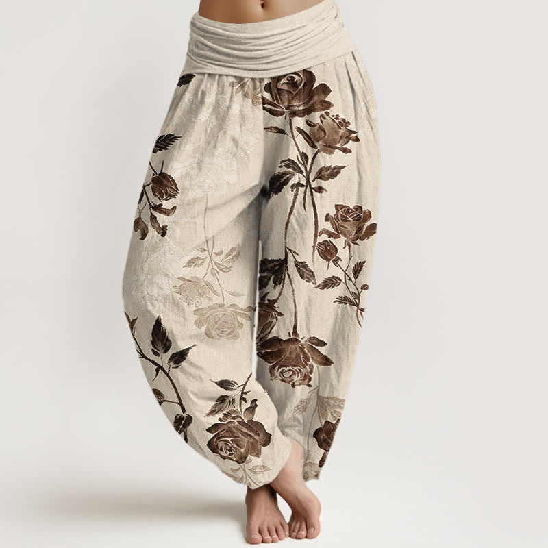 Buddha Stones Pantalon harem à taille élastique en coton à motif rose vintage pour femme - Lin - US16，UK/AU20，EU48 (3XL) - image 0