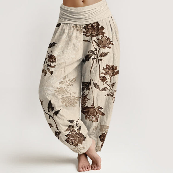 Buddha Stones Pantalon harem à taille élastique en coton à motif rose vintage pour femme - Lin - US16，UK/AU20，EU48 (3XL) - image 0