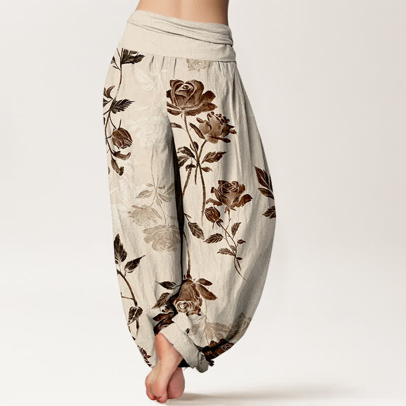 Buddha Stones Pantalon harem à taille élastique en coton à motif rose vintage pour femme - image 1