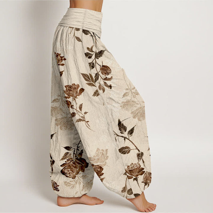 Buddha Stones Pantalon harem à taille élastique en coton à motif rose vintage pour femme - image 2
