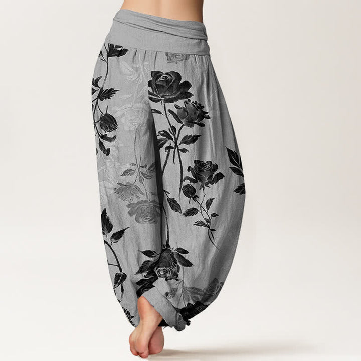 Buddha Stones Pantalon harem à taille élastique en coton à motif rose vintage pour femme - image 6