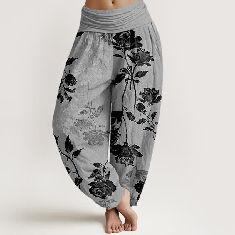 Buddha Stones Pantalon harem à taille élastique en coton à motif rose vintage pour femme - Gris foncé - US16，UK/AU20，EU48 (3XL) - image 5