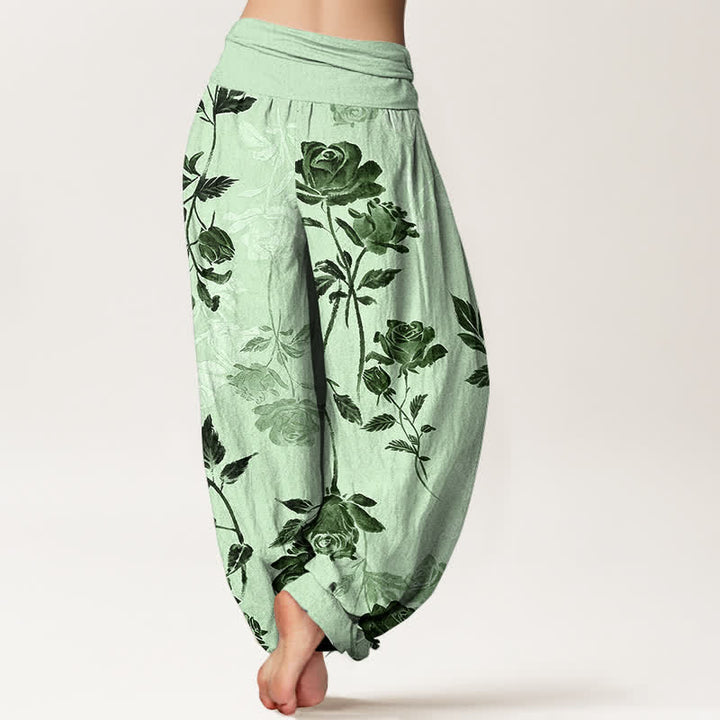 Buddha Stones Pantalon harem à taille élastique en coton à motif rose vintage pour femme - image 9
