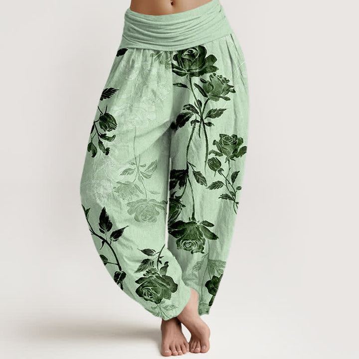 Buddha Stones Pantalon harem à taille élastique en coton à motif rose vintage pour femme - Vert pâle - US16，UK/AU20，EU48 (3XL) - image 8