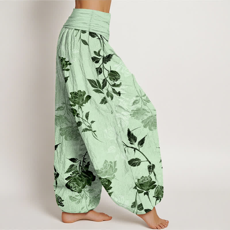 Buddha Stones Pantalon harem à taille élastique en coton à motif rose vintage pour femme - image 10
