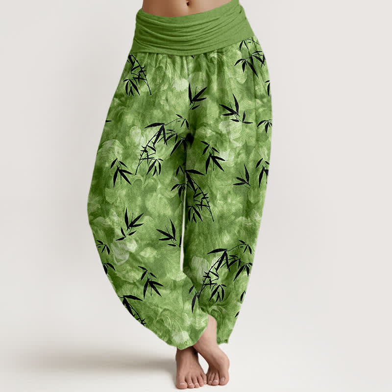 Buddha Stones Pantalon harem pour femme en pur coton noir à motif de feuilles de bambou, taille élastique - Vert mer moyen - US16，UK/AU20，EU48 (3XL) - image 0