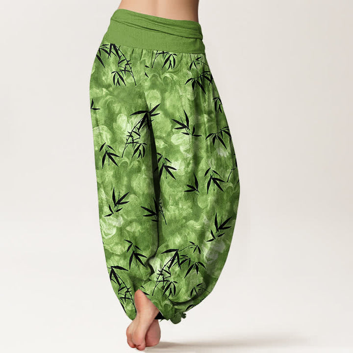 Buddha Stones Pantalon harem pour femme en pur coton noir à motif de feuilles de bambou, taille élastique - image 1