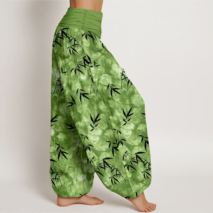 Buddha Stones Pantalon harem pour femme en pur coton noir à motif de feuilles de bambou, taille élastique - image 2