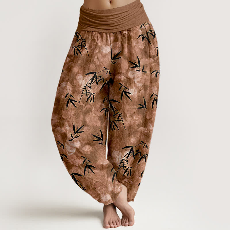 Buddha Stones Pantalon harem pour femme en pur coton noir à motif de feuilles de bambou, taille élastique - Pérou - US16，UK/AU20，EU48 (3XL) - image 5