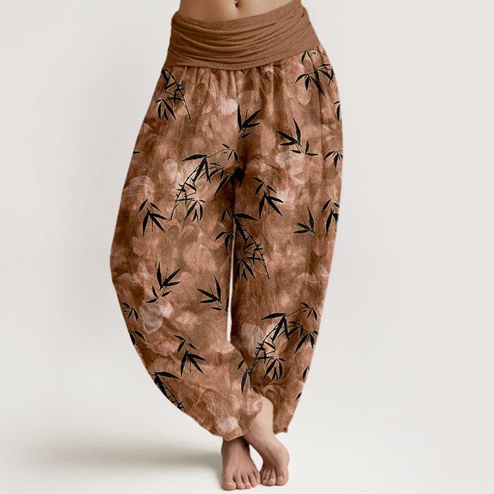 Buddha Stones Pantalon harem pour femme en pur coton noir à motif de feuilles de bambou, taille élastique - Pérou - US16，UK/AU20，EU48 (3XL) - image 5