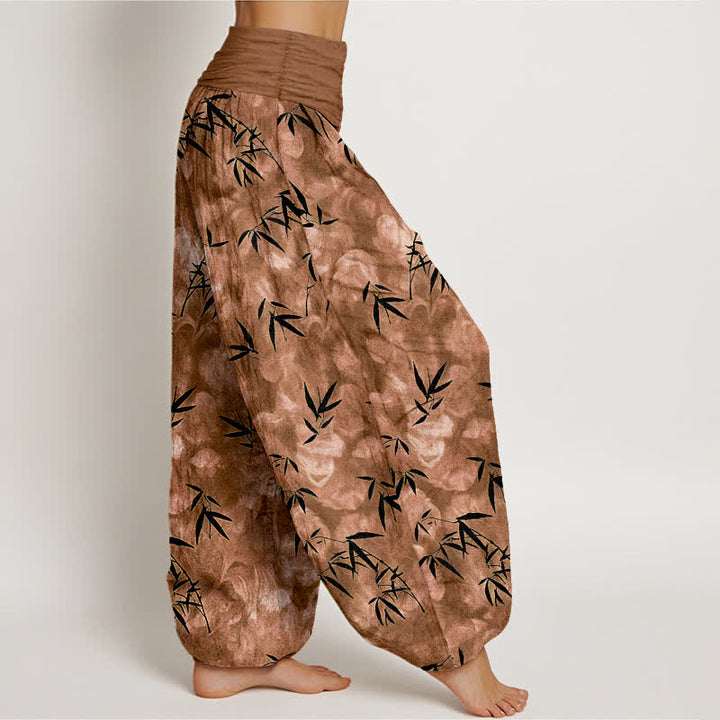 Buddha Stones Pantalon harem pour femme en pur coton noir à motif de feuilles de bambou, taille élastique - image 7