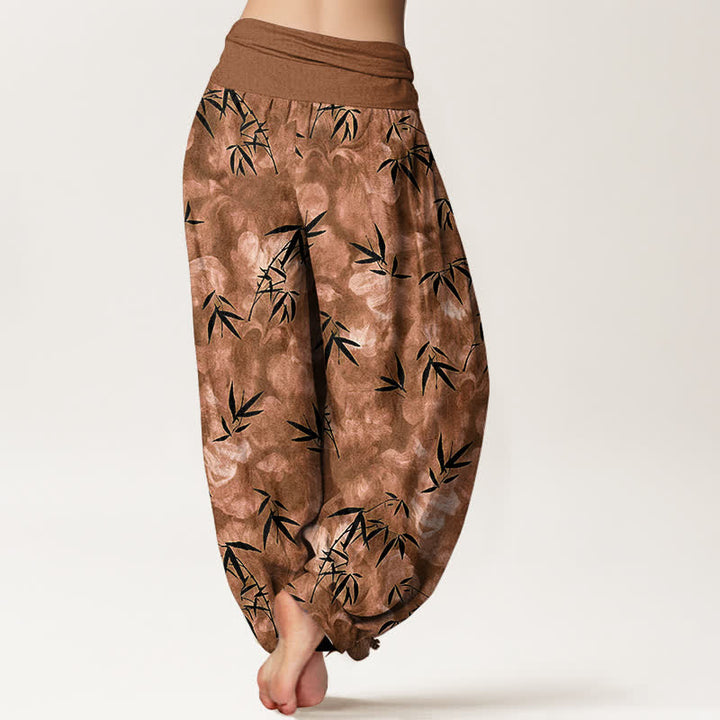 Buddha Stones Pantalon harem pour femme en pur coton noir à motif de feuilles de bambou, taille élastique - image 6
