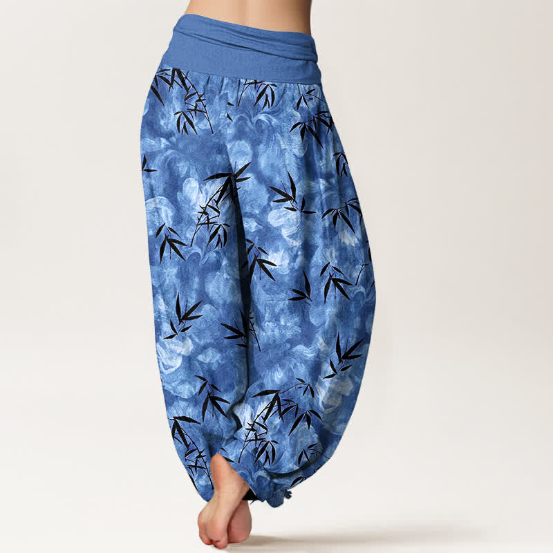 Buddha Stones Pantalon harem pour femme en pur coton noir à motif de feuilles de bambou, taille élastique - image 9