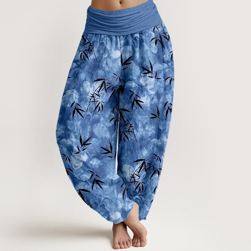 Buddha Stones Pantalon harem pour femme en pur coton noir à motif de feuilles de bambou, taille élastique - Bleuet - US16，UK/AU20，EU48 (3XL) - image 8