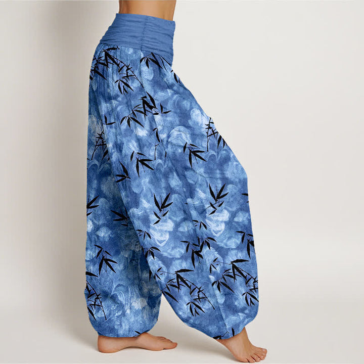 Buddha Stones Pantalon harem pour femme en pur coton noir à motif de feuilles de bambou, taille élastique - image 10