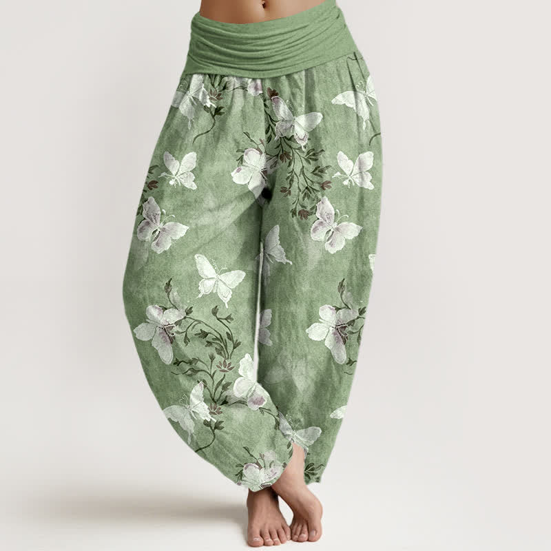 Buddha Stones Pantalon harem à taille élastique pour femme, en coton blanc à motif floral papillon - Vert pâle - US16，UK/AU20，EU48 (3XL) - image 0