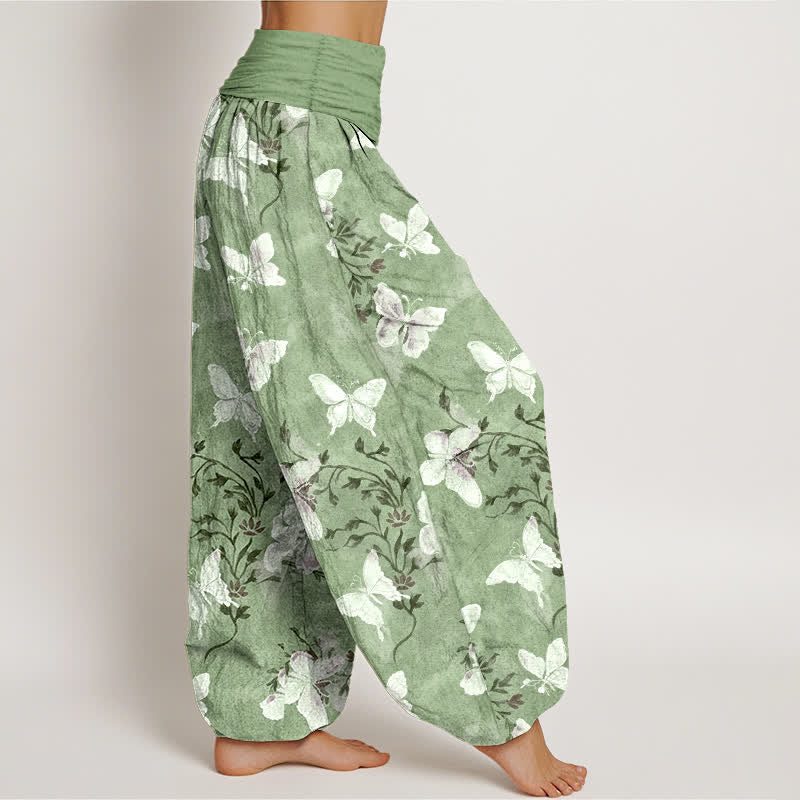 Buddha Stones Pantalon harem à taille élastique pour femme, en coton blanc à motif floral papillon - image 2