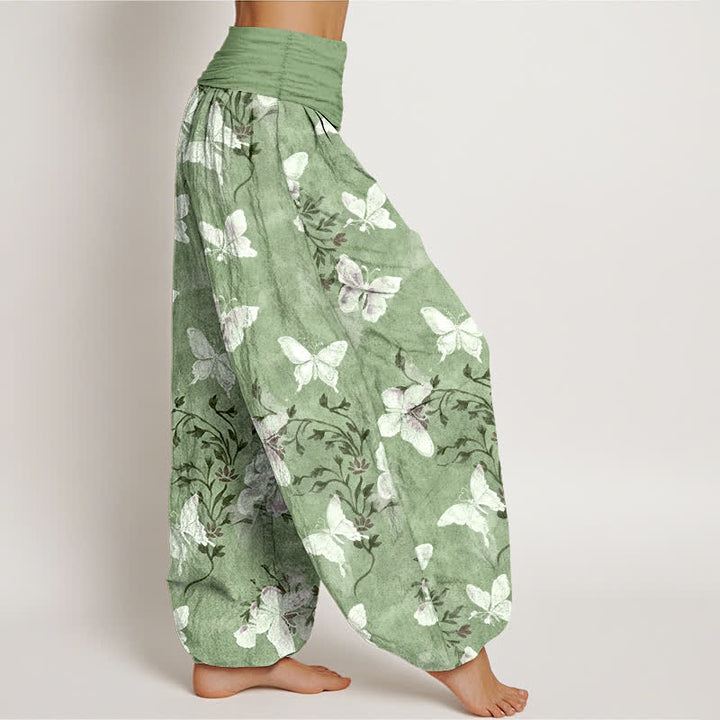 Buddha Stones Pantalon harem à taille élastique pour femme, en coton blanc à motif floral papillon - image 2