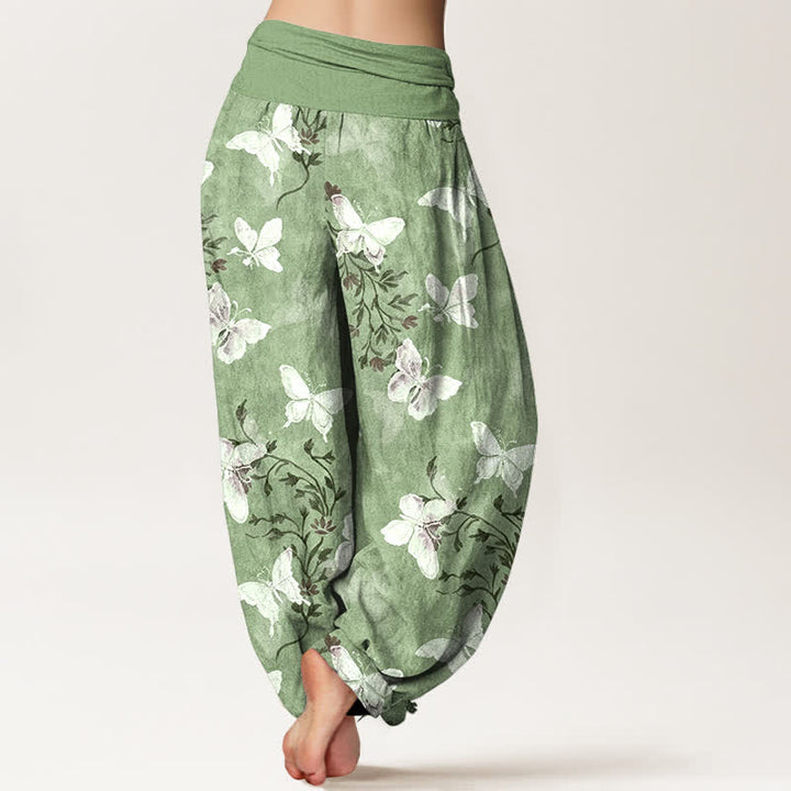 Buddha Stones Pantalon harem à taille élastique pour femme, en coton blanc à motif floral papillon - image 1