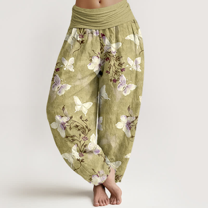 Buddha Stones Pantalon harem à taille élastique pour femme, en coton blanc à motif floral papillon - Kaki foncé - US16，UK/AU20，EU48 (3XL) - image 5