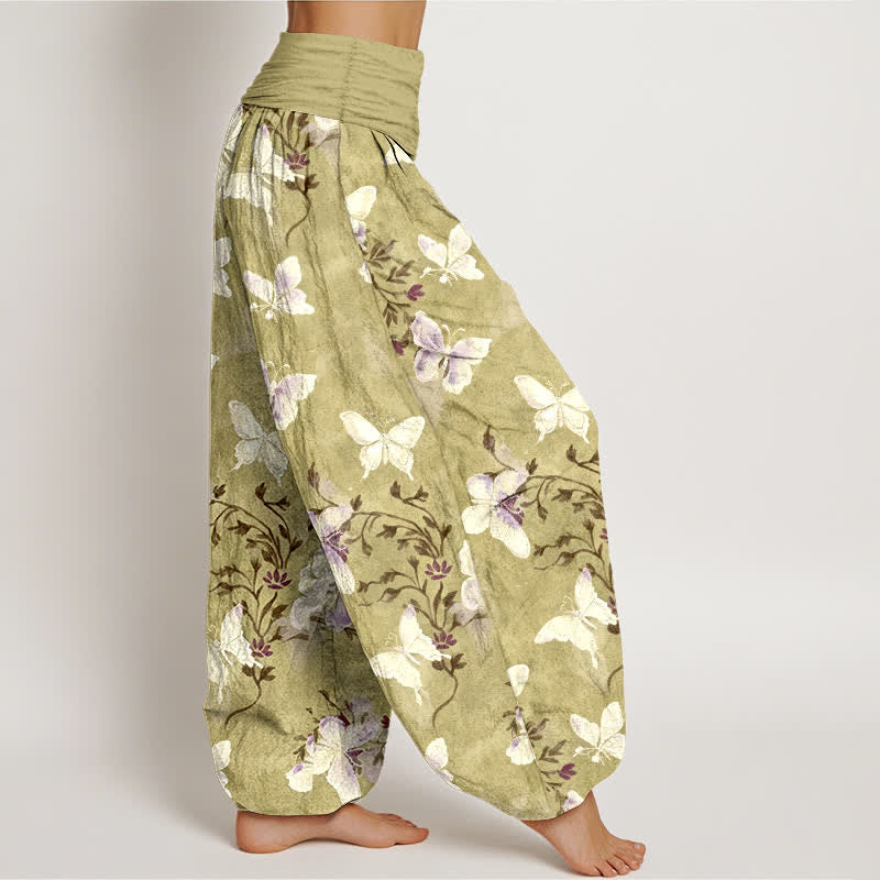 Buddha Stones Pantalon harem à taille élastique pour femme, en coton blanc à motif floral papillon - image 7