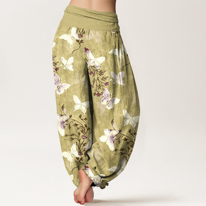 Buddha Stones Pantalon harem à taille élastique pour femme, en coton blanc à motif floral papillon - image 6