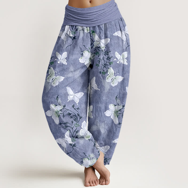 Buddha Stones Pantalon harem à taille élastique pour femme, en coton blanc à motif floral papillon - Bleu acier clair - US16，UK/AU20，EU48 (3XL) - image 8
