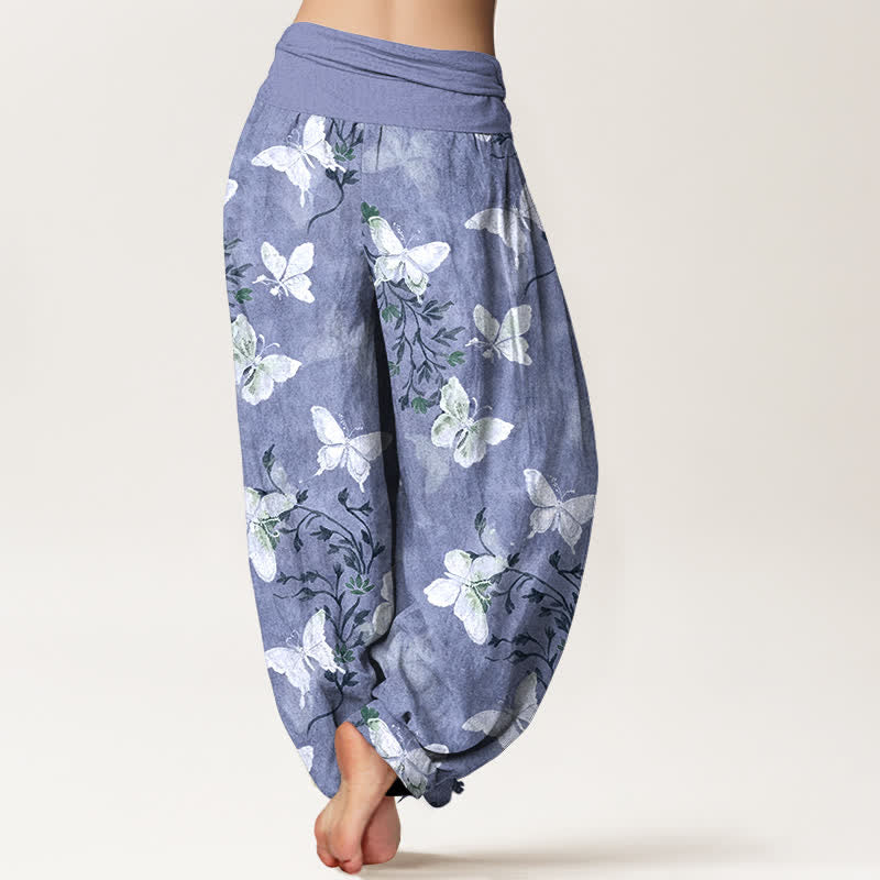 Buddha Stones Pantalon harem à taille élastique pour femme, en coton blanc à motif floral papillon - image 9