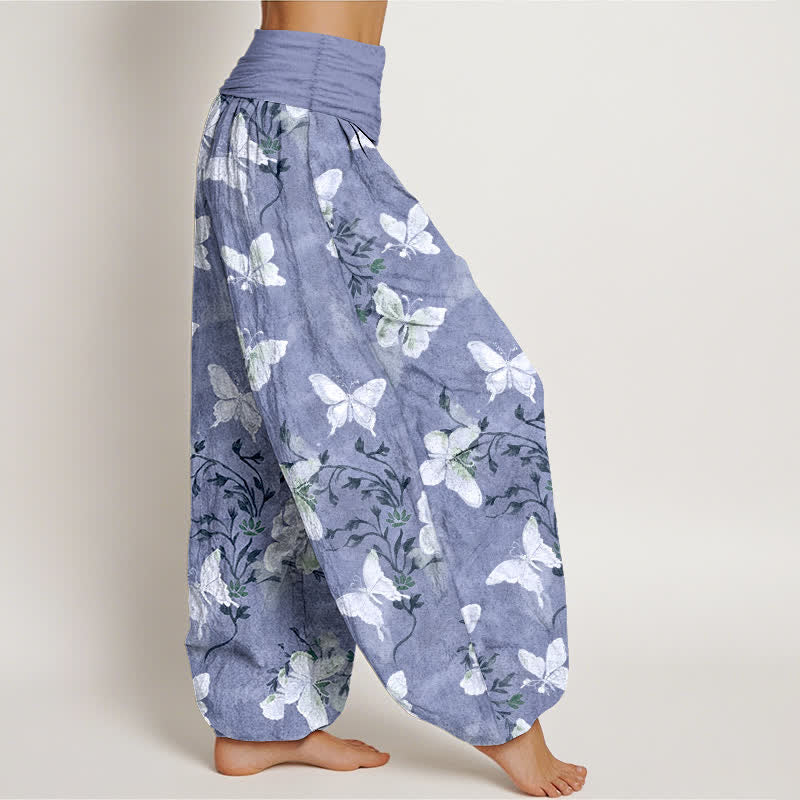 Buddha Stones Pantalon harem à taille élastique pour femme, en coton blanc à motif floral papillon - image 10