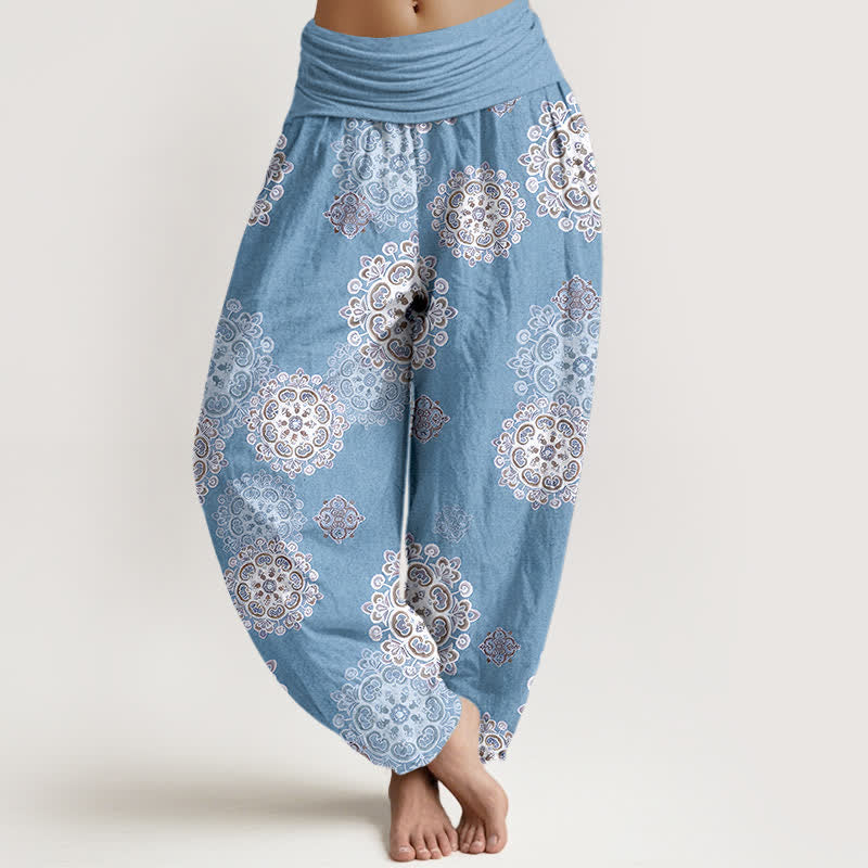 Buddha Stones Pantalon harem pour femme en pur coton, à taille élastique et motifs floraux mandala variés - Bleu ciel clair - US16，UK/AU20，EU48 (3XL) - image 0