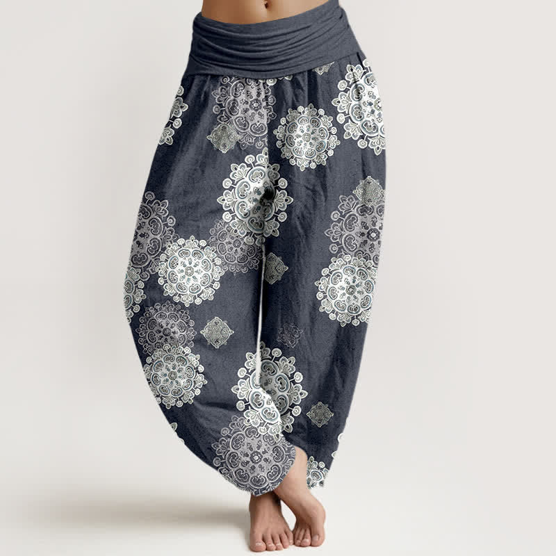 Buddha Stones Pantalon harem pour femme en pur coton, à taille élastique et motifs floraux mandala variés - Gris ardoise - US16，UK/AU20，EU48 (3XL) - image 8