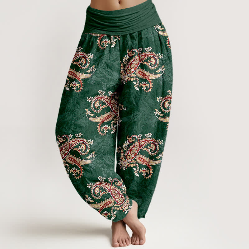 Buddha Stones Pantalon harem pour femme en pur coton à motif cachemire élégant et taille élastique - Vert forêt - US16，UK/AU20，EU48 (3XL) - image 0