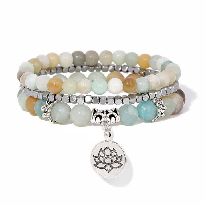 Buddha Stones Bracelet de perles en jaspe zébré 3 pièces, symbole d'illumination et de lotus - Amazonite (Vérité ♥ Communication) - image 12