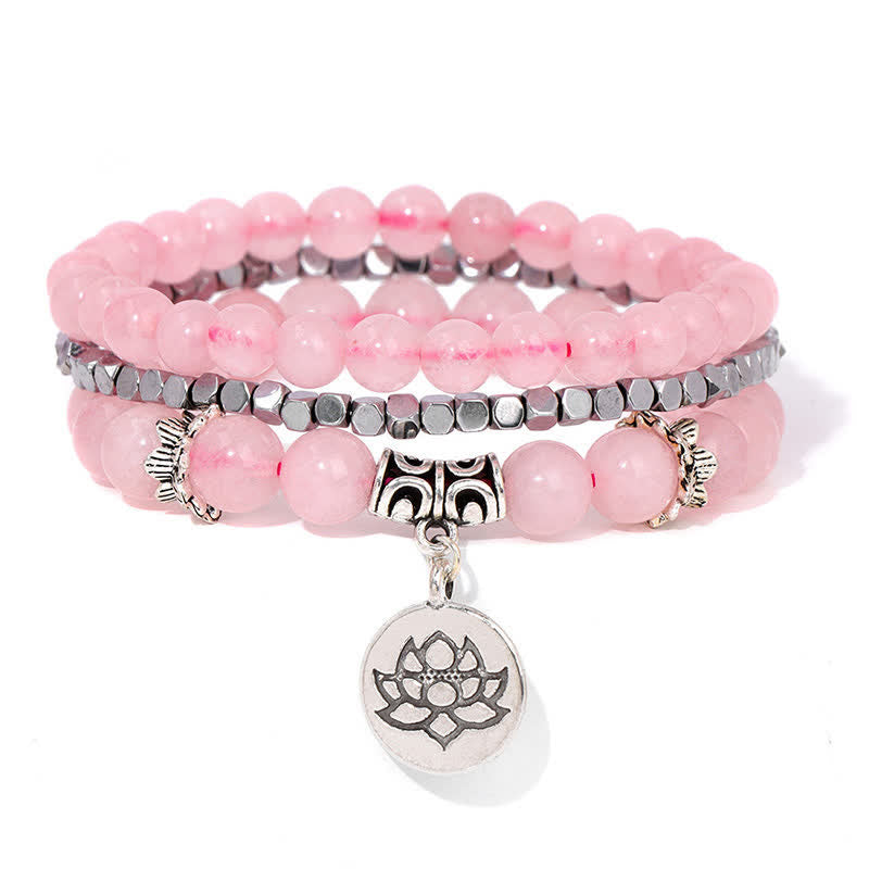Buddha Stones Bracelet de perles en jaspe zébré 3 pièces, symbole d'illumination et de lotus - Quartz rose (Amour ♥ Amour de soi) - image 10
