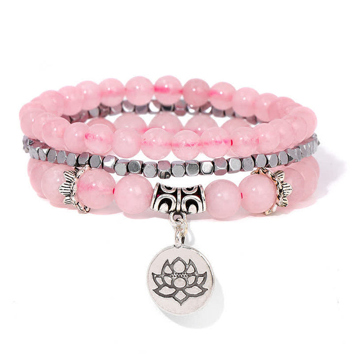 Buddha Stones Bracelet de perles en jaspe zébré 3 pièces, symbole d'illumination et de lotus - Quartz rose (Amour ♥ Amour de soi) - image 10