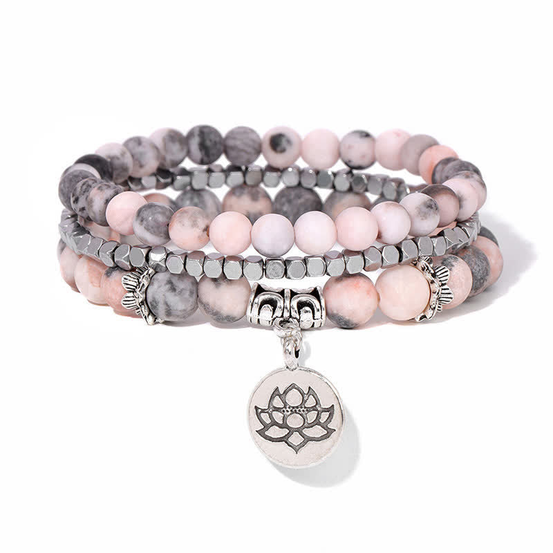 Buddha Stones Bracelet de perles en jaspe zébré 3 pièces, symbole d'illumination et de lotus - image 1
