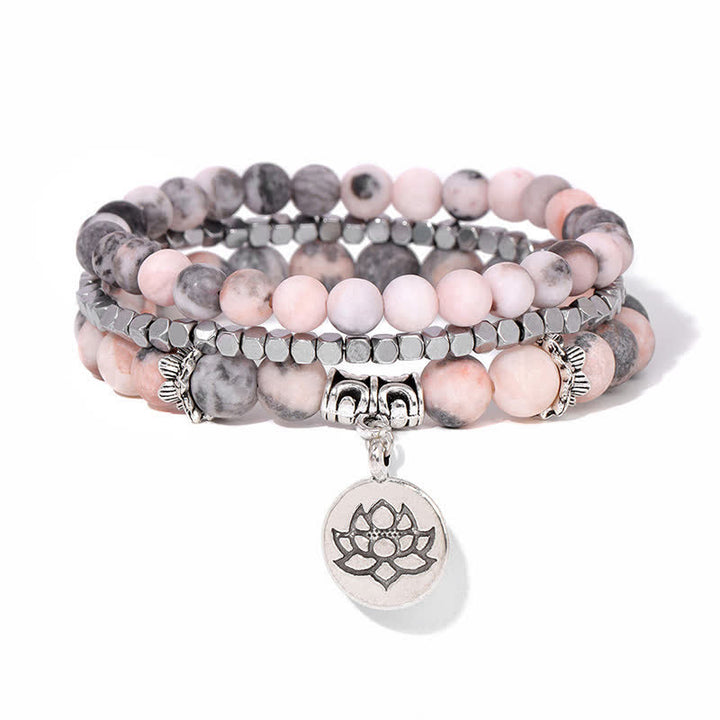 Buddha Stones Bracelet de perles en jaspe zébré 3 pièces, symbole d'illumination et de lotus - image 1