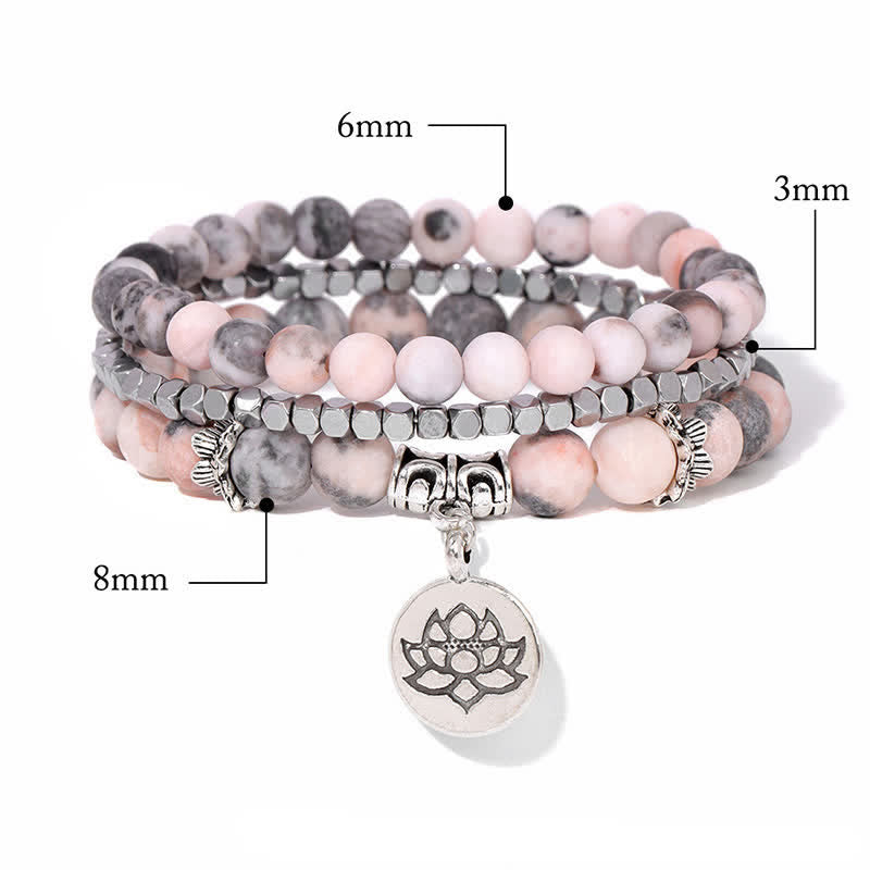 Buddha Stones Bracelet de perles en jaspe zébré 3 pièces, symbole d'illumination et de lotus - image 4