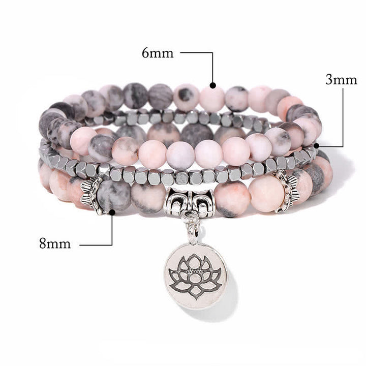 Buddha Stones Bracelet de perles en jaspe zébré 3 pièces, symbole d'illumination et de lotus - image 4