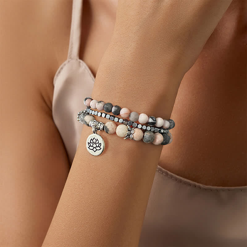 Buddha Stones Bracelet de perles en jaspe zébré 3 pièces, symbole d'illumination et de lotus - image 13