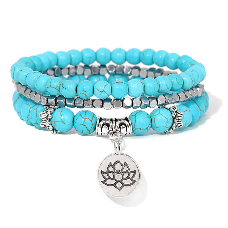 Buddha Stones Bracelet de perles en jaspe zébré 3 pièces, symbole d'illumination et de lotus - Turquoise (Protection ♥ Communication) - image 8